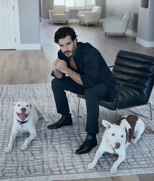 Model Andrew Biernat with dogs