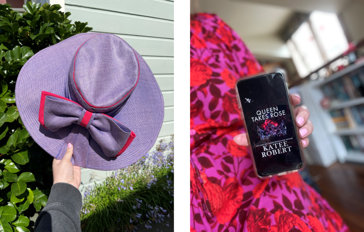 Image: L Alt Text: Holding my purple sunhat AKA my number one bookstagram tool. R Alt Text: I’m wearing a pink and purple floral dress and holding my phone over my lap. On the phone screen is the cover of Katee Robert’s Queen Takes Rose. The edges of my phone are blurred because portrait mode had A Moment about the clear phone case.